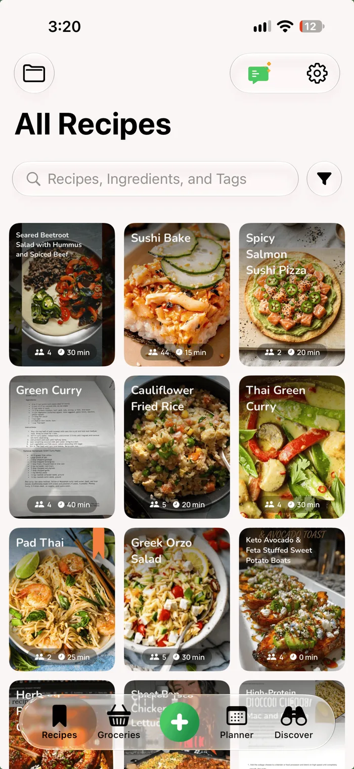 Honeydew All Recipes screen showing a searchable collection of saved recipes