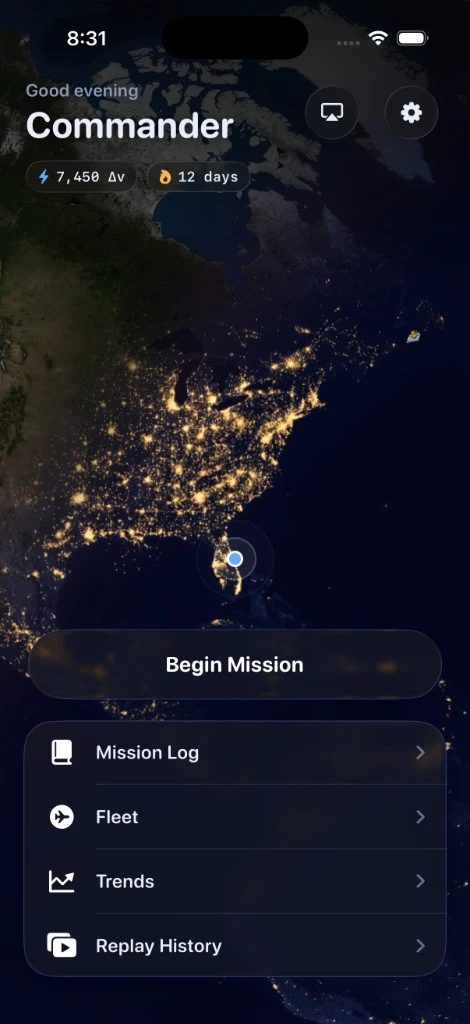 Orbital Focus home screen showing a mission map, Begin Mission button, mission log, fleet, trends, and replay history
